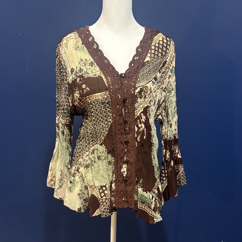 dressbarn Brown and Cream Patchwork Blouse